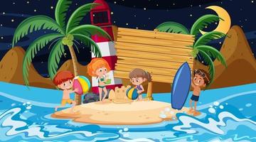 Kinder im Urlaub an der Strandnachtszene mit einer leeren hölzernen Fahnenschablone vektor