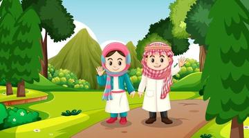 muslimska barn bär traditionella kläder i skogsscenen vektor