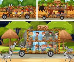 olika safari scener med djur och barn seriefigur vektor