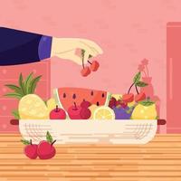kocken förbereder frukt efterrätt i en skål vektor