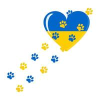 das Pfoten von ein Katze oder Hund auf ein Gelb Blau Herz bilden Fußabdrücke auf ein Weiß Hintergrund. Vektor. vektor