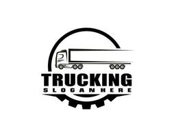 lastbil trailer transport logistik, leverans, uttrycka, frakt företag, snabb frakt, design mall logotyp illustration silhuett, emblem isolerat på mörk bakgrund, svart vektor