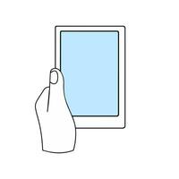 Tablette im Hand. berühren Bildschirm Telefon. Gliederung Karikatur Illustration isoliert auf Weiß vektor