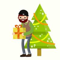 alt Mann mit Geschenk Box im Hände Neu Jahr Feier. Grün Baum und Girlanden. glücklich Opa gratuliert. Karikatur eben Illustration. Senior und Weihnachten Baum. vektor