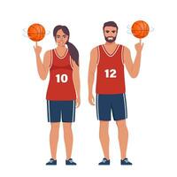 glücklich Basketball Spieler Paar im Uniform mit Ball isoliert auf Weiß Hintergrund. Vektor Illustration.