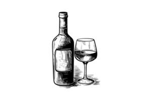Wein Flasche und Glas. Hand gezeichnet Gravur skizzieren Stil Vektor Illustrationen.