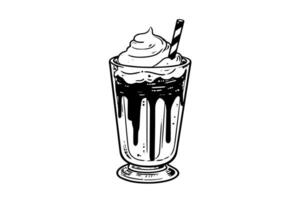 choklad mjölk skaka skiss gravyr vektor illustration. svart och vit isolerat sammansättning.
