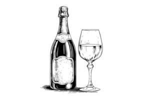 flaska med champagne och vin glas gravyr stil konst, hand dragen skiss vektor illustration