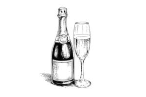 flaska med champagne och vin glas gravyr stil konst, hand dragen skiss vektor illustration