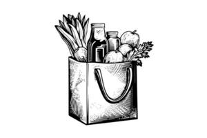 matvaror väska full av mat gravyr skiss vektor ritad för hand illustration.