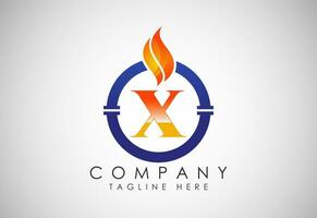 Englisch Alphabet x mit Feuer Flamme und Rohr. Öl und Gas Industrie Logo Design Konzept. vektor