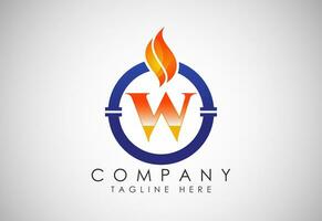 Englisch Alphabet w mit Feuer Flamme und Rohr. Öl und Gas Industrie Logo Design Konzept. vektor