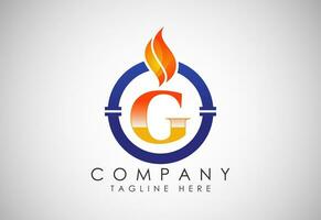 Englisch Alphabet G mit Feuer Flamme und Rohr. Öl und Gas Industrie Logo Design Konzept. vektor
