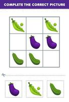 Bildung Spiel zum Kinder Komplett das richtig Bild von ein süß Karikatur Aubergine Erbse Gurke druckbar Gemüse Arbeitsblatt vektor