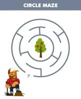 utbildning spel för barn cirkel labyrint dra linje hjälp snickare flytta till de träd tryckbar bruka kalkylblad vektor