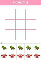 utbildning spel för barn tic tac tå uppsättning med söt tecknad serie sköldpadda och krabba bild tryckbar djur- kalkylblad vektor