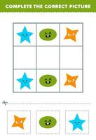 utbildning spel för barn komplett de korrekt bild av en söt tecknad serie stjärna och oval tryckbar form kalkylblad vektor