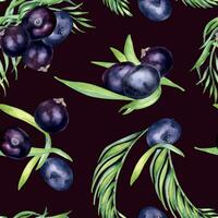 acai Beeren und Palme Blätter Aquarell nahtlos Muster isoliert auf dunkel. exotisch Amazonas klein lila Beeren, tropisch Obst Hand gezeichnet. Design zum Verpackung, Verpackung, Textil, Hintergrund, Papier vektor