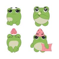 süß Emoticons Charakter Karikatur Frosch Aufkleber Emoticons mit anders Emotionen. Grün Frosch. Vektor Illustration