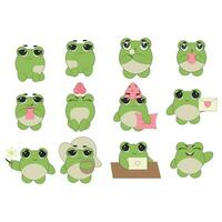 süß Emoticons Charakter Karikatur Frosch Aufkleber Emoticons mit anders Emotionen. Grün Frosch. Vektor Illustration