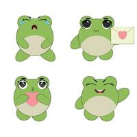 süß Emoticons Charakter Karikatur Frosch Aufkleber Emoticons mit anders Emotionen. Grün Frosch. Vektor Illustration