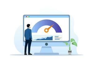 online Instrumententafel Konzept mit Geschwindigkeit Indikator, Internet Performance prüfen. Landung Seite Vorlage mit Person mit Computer Anzeige mit Tachometer. eben Vektor Illustration zum Webseite.