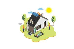 isometrisch Illustration von Laden ein elektrisch Auto Batterie beim Zuhause mit Solar- Tafeln, geeignet zum Diagramme, Infografiken und andere Grafik verbunden Vermögenswerte vektor