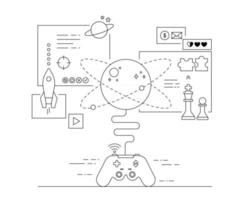 Spielgegenstände, die sich von Videospielcontrollern erstrecken. Design mit schwarzen Linien auf weißem Hintergrund. minimale Vektorillustration. vektor