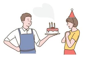 Ein Mann überreicht einer Frau einen selbstgebackenen Kuchen. handgezeichnete Stilvektordesignillustrationen. vektor