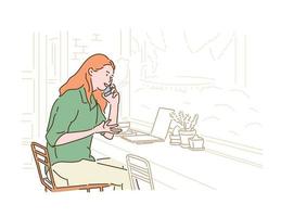 Eine Frau sitzt in einem Café und telefoniert. handgezeichnete Stilvektordesignillustrationen. vektor