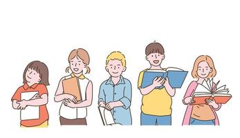 söta barn som håller böcker och läser. handritade illustrationer för stilvektordesign. vektor