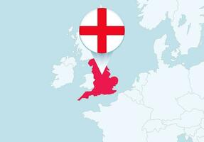 Europa mit ausgewählt England Karte und England Flagge Symbol. vektor