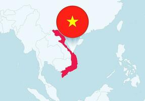 Asien med vald vietnam Karta och vietnam flagga ikon. vektor