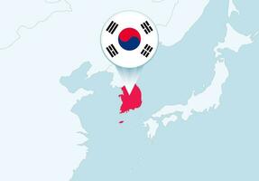 Asien med vald söder korea Karta och söder korea flagga ikon. vektor