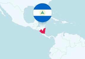 Amerika mit ausgewählt Nicaragua Karte und Nicaragua Flagge Symbol. vektor