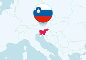 Europa med vald slovenien Karta och slovenien flagga ikon. vektor