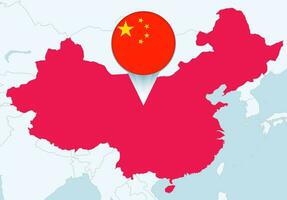 Asien med vald Kina Karta och Kina flagga ikon. vektor