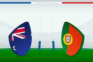 Spiel zwischen Australien und Portugal, Illustration von Rugby Flagge Symbol auf Rugby Stadion. vektor