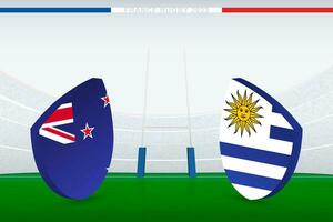 Spiel zwischen Neu Neuseeland und Uruguay, Illustration von Rugby Flagge Symbol auf Rugby Stadion. vektor