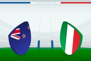 Spiel zwischen Neu Neuseeland und Italien, Illustration von Rugby Flagge Symbol auf Rugby Stadion. vektor