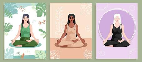 drei Mädchen tun Yoga im ein Lotus Pose, ein Weiss, afrikanisch und Albino Mädchen im ein Lotus Pose, Vektor Poster, Karikatur Illustration.