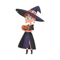ein jung Mädchen ist gekleidet wie ein unheimlich Hexe und ist halten ein Kürbis. Halloween Thema meint das Zeug und Spaß Zeug verknüpft zu Halloween. vektor