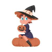 ein klein Mädchen ist gekleidet wie ein gespenstisch Hexe und ist Tragen ein Kürbis. das Halloween Thema ist Über das Zeug und Spaß Dinge verbunden zu Halloween Das machen Menschen glücklich und unterhalten. vektor