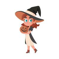 en liten flicka är bär en skrämmande häxa kostym och innehav en pumpa. de halloween tema är Allt handla om de saker och aktiviteter associerad med halloween den där föra glädje och nöje till människor. vektor