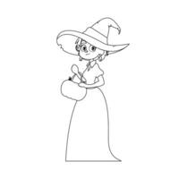 en liten flicka klädd som en häxa är lyckligt innehav en pumpa, ivrigt väntar för halloween.linjär stil. vektor