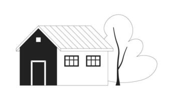 söt hus svartvit platt vektor objekt. stad byggnad med dekorativ träd. redigerbar svart och vit tunn linje ikon. enkel tecknad serie klämma konst fläck illustration för webb grafisk design