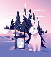 süß Weiß Hase mit Laterne im Winter Wald Landschaft. Fee Schwanz Sonnenuntergang. Urlaub Jahreszeit. Vektor Illustration