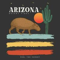 arizona öken- grafisk skriva ut t skjorta och andra. capybara vektor illustration borsta stroke öken- berg kaktus årgång. capybara eller större capybara är en jätte marsvin gnagare.