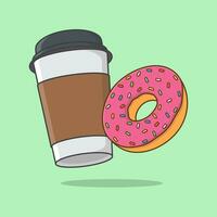 Donuts und Einweg Kaffee Tasse Karikatur Vektor Illustration. Kaffee Tasse und Krapfen eben Symbol Gliederung
