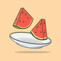 Stücke von Wassermelone auf ein Teller Karikatur Vektor Illustration. Wassermelone eben Symbol Gliederung